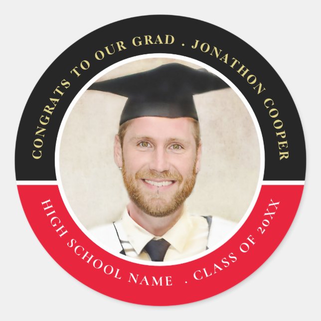 Congrats Grad Photo Year Black Red Graduation  Classic Round Sticker (Front)