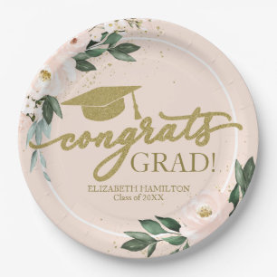 Congrats Grad Pink Blush Floral Graduation Party Paper Plate