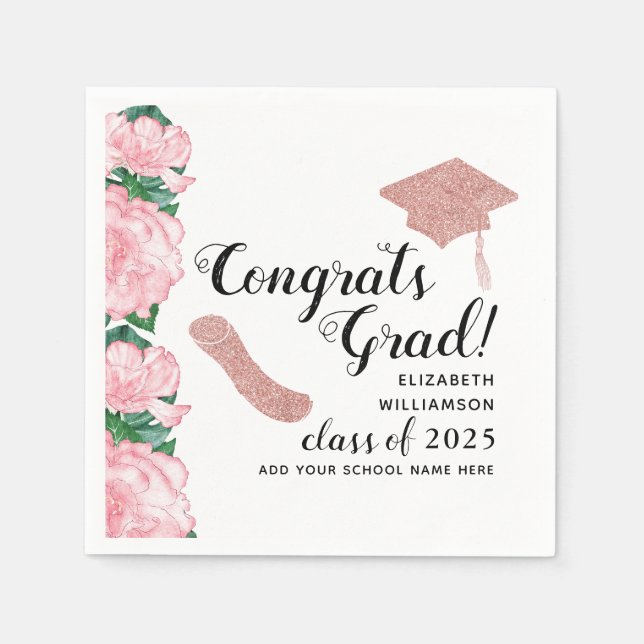 Congrats Grad Pink Flowers Class 2025 Graduation Napkin (Front)