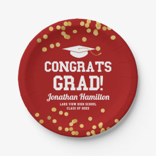 Congrats Grad Red Gold Confetti Grad Party Paper Plate