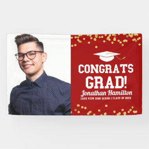 Congrats Grad Red Gold Confetti Grad Party Photo Banner