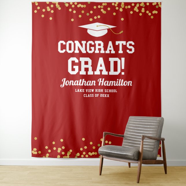 Congrats Grad Red Gold Grad Party Backdrop Tapestry (In Situ)