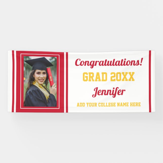 Congrats Grad Red Gold White Photo Graduation Banner (Horizontal)