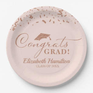 Congrats Grad Rose Gold Script Graduation Party Paper Plate