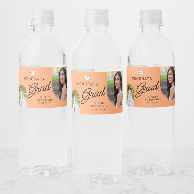 Congrats Grad Script Modern Arch 2 Photo  Water Bottle Label (Bottles)