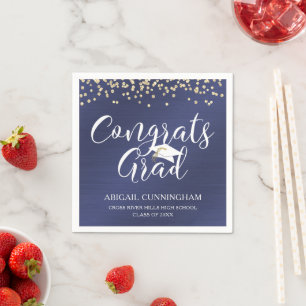 CONGRATS GRAD Script Typography Metallic Navy Blue Napkin