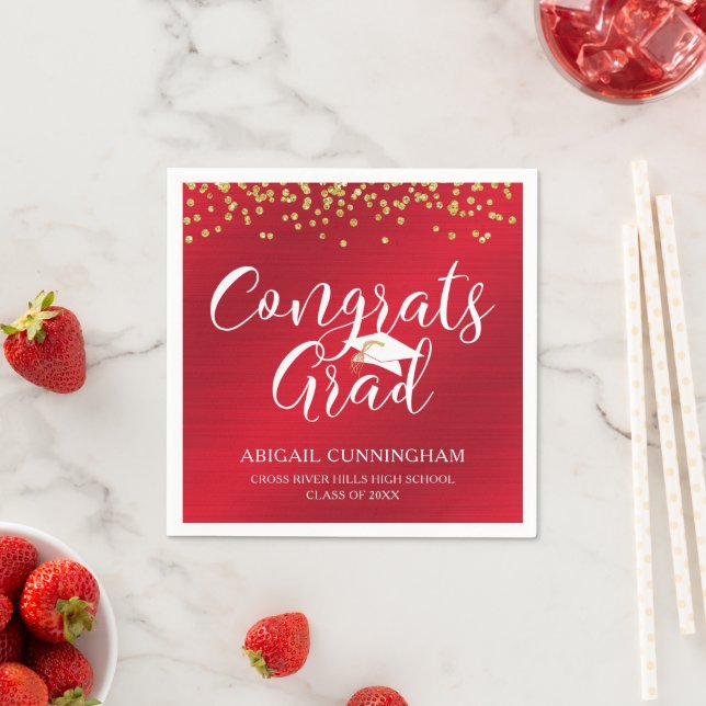 CONGRATS GRAD Script Typography Metallic Red Gold Napkin (Insitu)