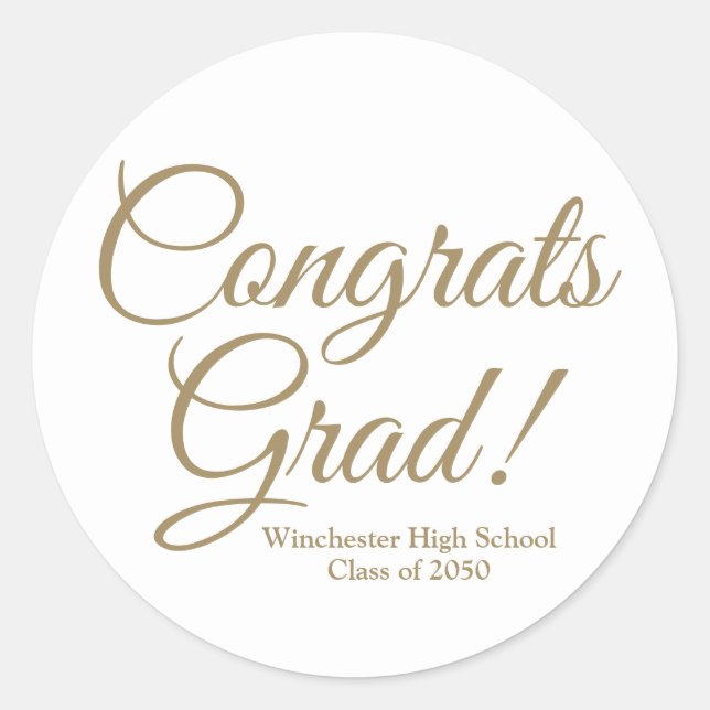 Congrats grad white gold custom school class year classic round sticker (Front)