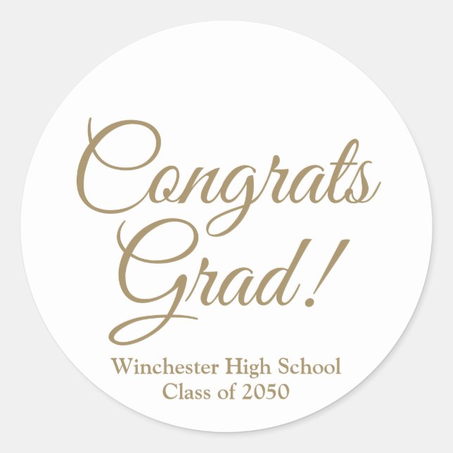Congrats grad white gold custom school class year classic round sticker (Front)