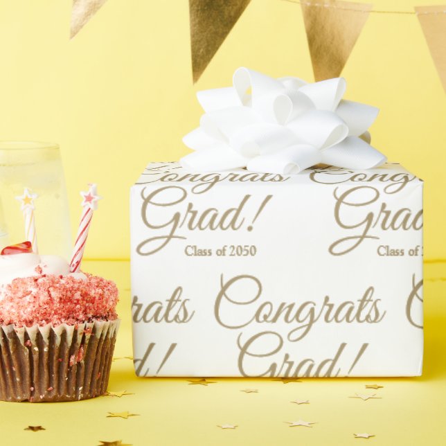 Congrats grad white gold custom script class year wrapping paper (Birthday Party)