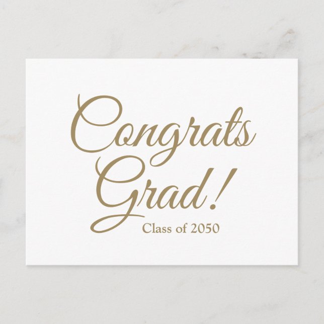 Congrats grad white gold script custom class year postcard (Front)
