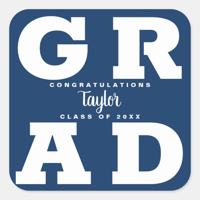 Congrats Grad White on Navy Blue Party Square Sticker (Front)