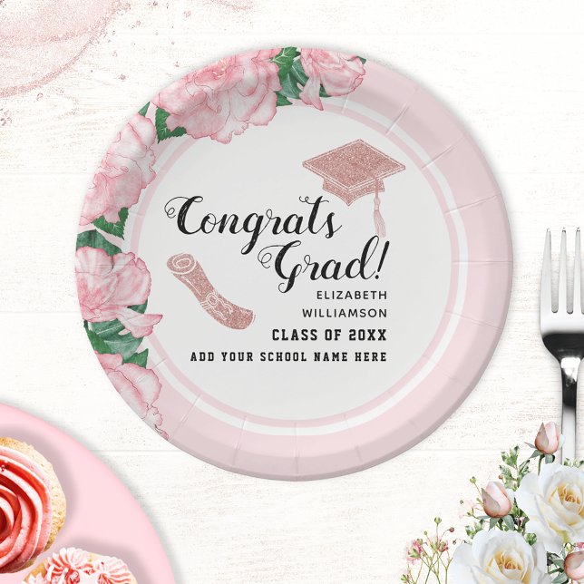 Congrats Grad White Pink Floral Graduation Paper Plate (Creator Uploaded)