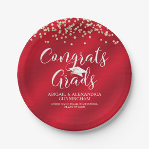 CONGRATS GRADS Red Gold Confetti Personalized Paper Plate