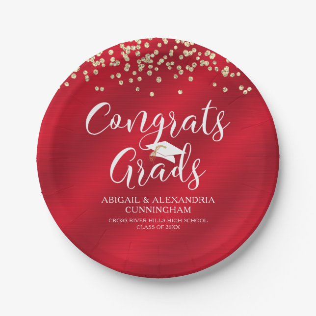 CONGRATS GRADS Red Gold Confetti Personalized Paper Plate (Front)