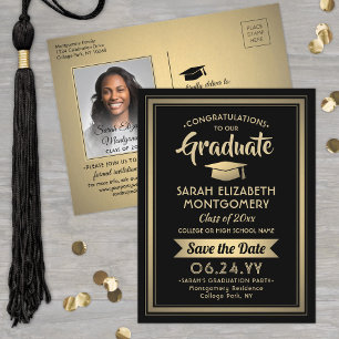 Congrats Graduate Black & Gold Save the Date Photo Announcement Postcard