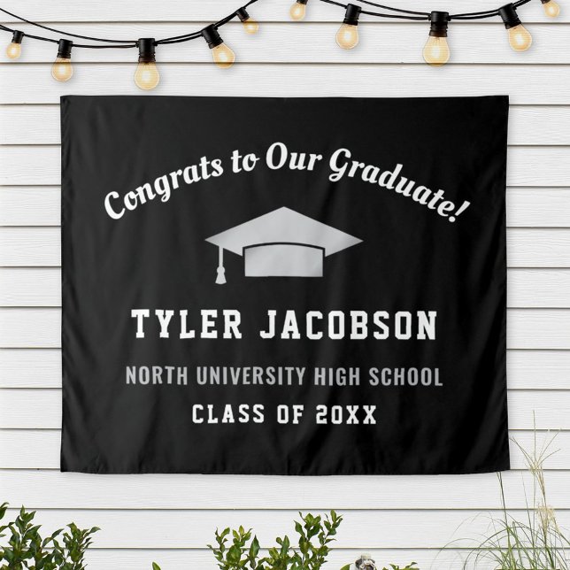 Congrats Graduate Black Silver Cap Backdrop Tapestry (Creator Uploaded)