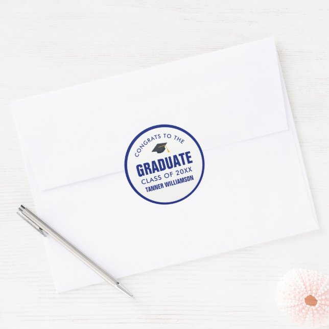 Congrats Graduate Cap Class 20XX Bold Blue Custom Classic Round Sticker (Envelope)