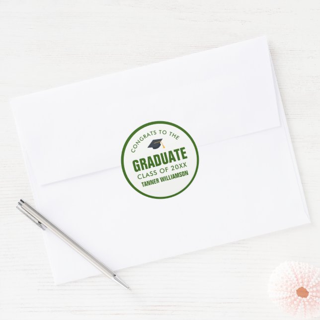 Congrats Graduate Cap Class 20XX Bold Green Custom Classic Round Sticker (Envelope)