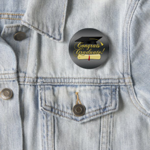 Congrats Graduate Diploma and hat   Grey 2 Inch Round Button