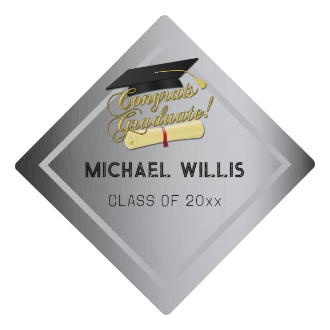Congrats Graduate Diploma grey Custom name class Graduation Cap Topper (Front)