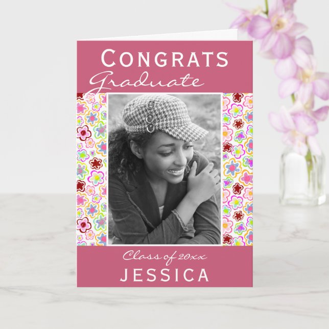 Congrats Graduate Flower Pattern Photo Graduation Card (Orchid)