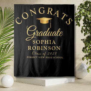 Congrats Graduate Gold Black Graduation Party Tapestry