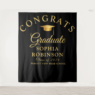 Congrats Graduate Gold Black Graduation Party Tapestry
