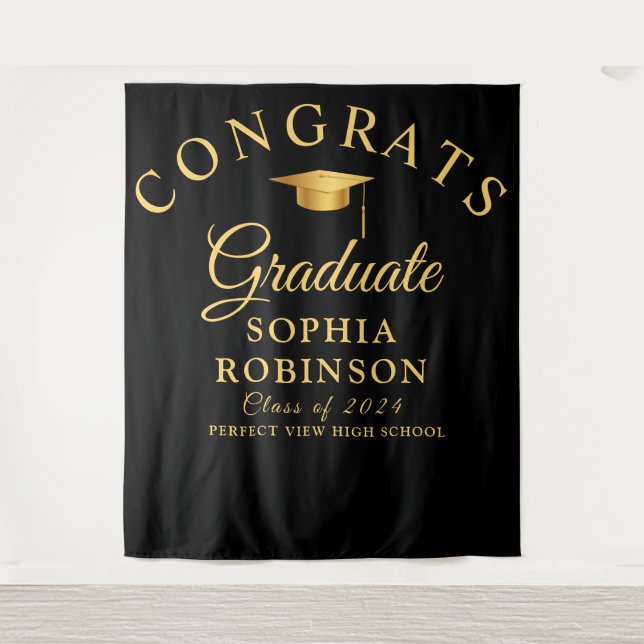 Congrats Graduate Gold Black  Graduation Party  Tapestry (Front)