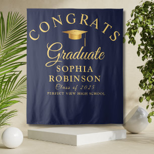 Congrats Graduate Gold Navy Blue Graduation Party Tapestry