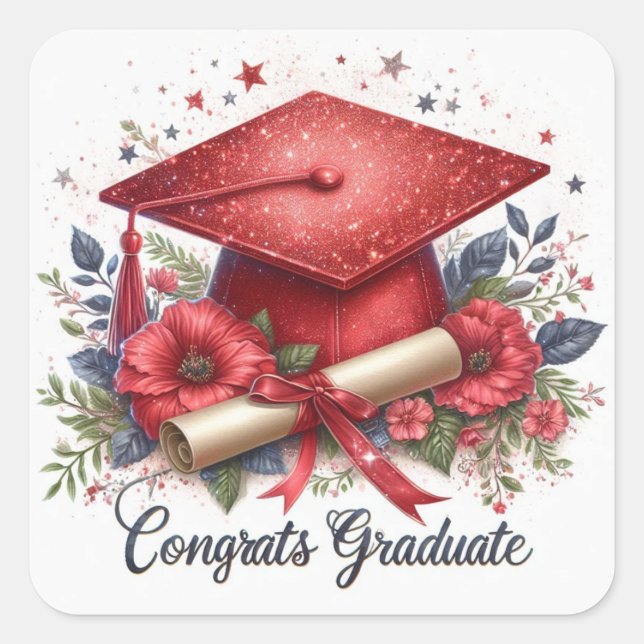 Congrats Graduate Graduation Cap and Diploma Square Sticker (Front)