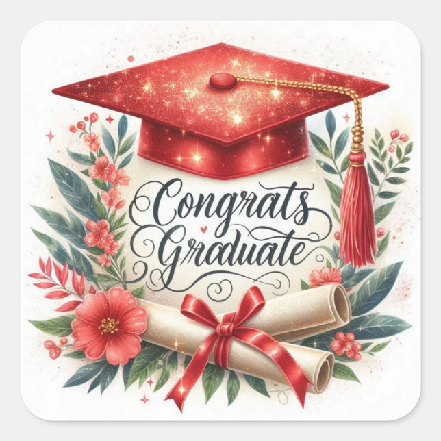 Congrats Graduate Graduation Cap and Diploma Square Sticker (Front)