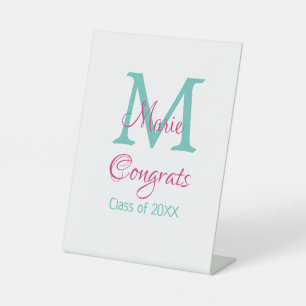 Congrats graduate name monogram green pink blue t pedestal sign