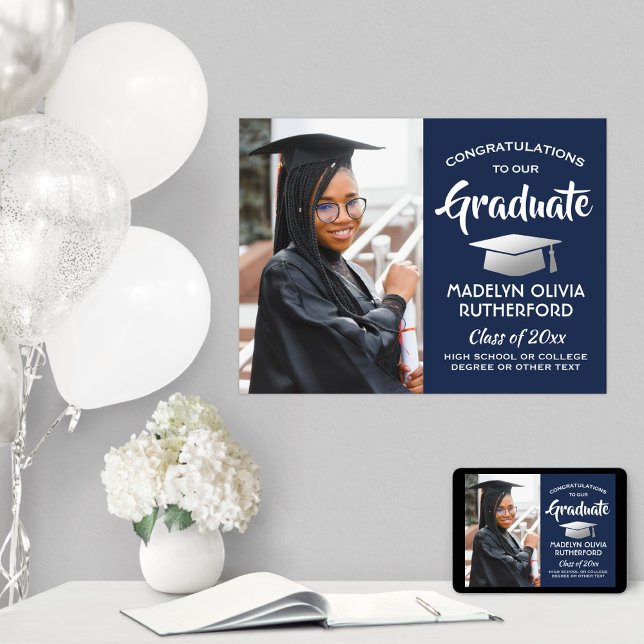 Congrats Graduate Photo Navy Blue White Graduation Poster (Creator Uploaded)