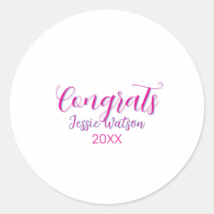 Congrats graduate pink purple name year 20XX date Classic Round Sticker
