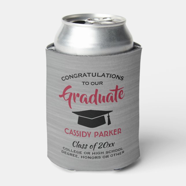 Congrats Graduation Party Brushed Grey Red & Black Can Cooler (Can Front)