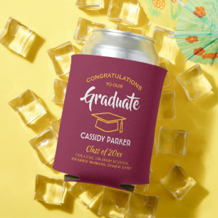 Congrats Graduation Party Maroon Red Gold Yellow Can Cooler