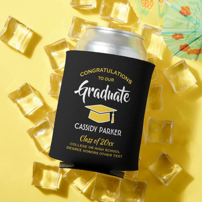 Congrats Graduation Party Modern Black Gold Yellow Can Cooler (In Situ Summer)