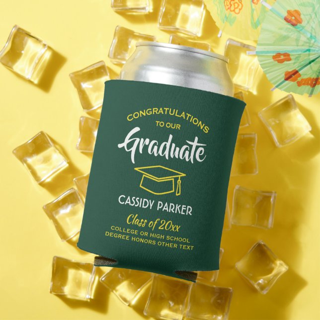 Congrats Graduation Party Modern Green Gold Yellow Can Cooler (In Situ Summer)