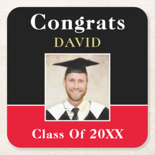 Congrats Name Grad Photo Black Red Gold Informal Square Paper Coaster