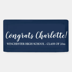 Congrats navy blue white custom script graduation banner