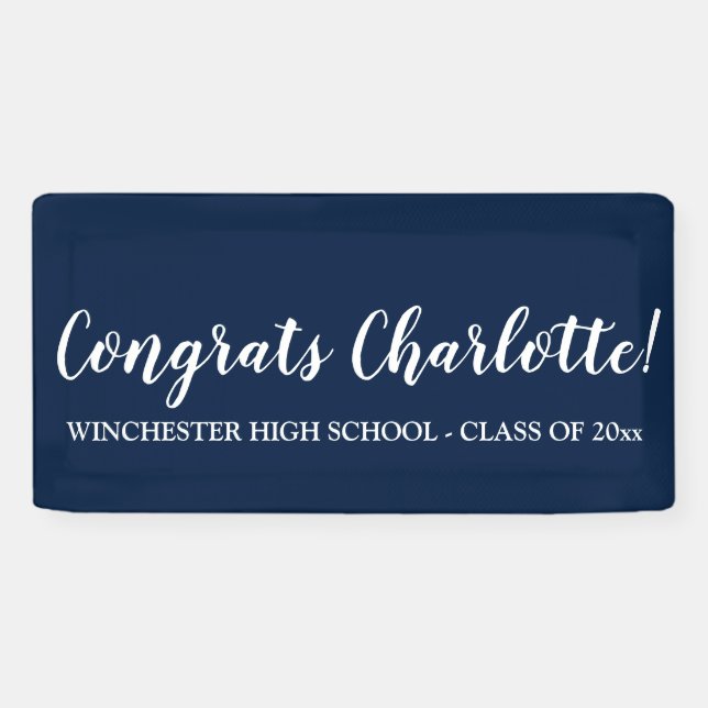 Congrats navy blue white custom script graduation banner (Horizontal)