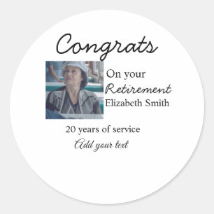 Congrats on your retirement add photo name date mi classic round sticker
