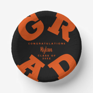 Congrats Orange on Black Graduation Paper Plate
