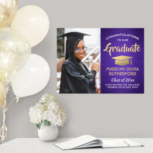 Congrats Photo Brushed Purple and Gold Graduation Poster