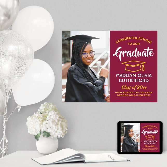 Congrats Photo Maroon Red Gold Yellow Graduation Poster (Creator Uploaded)