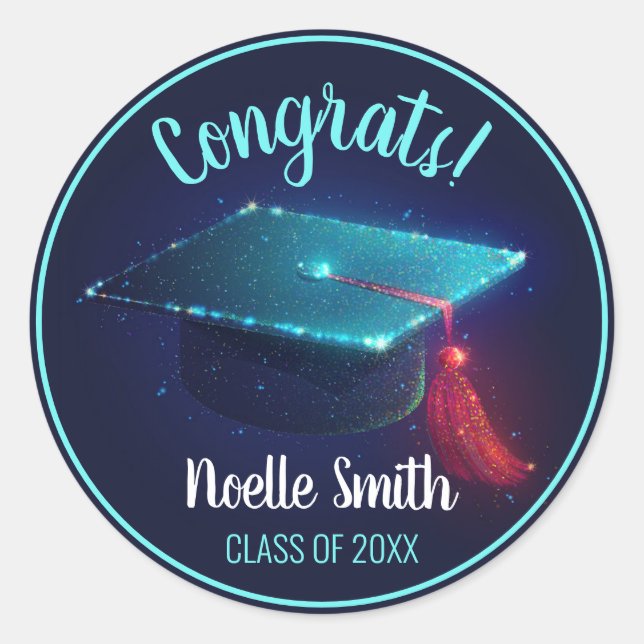 Congrats! Sparkling Blue Graduation Cap, Class of Classic Round Sticker (Front)