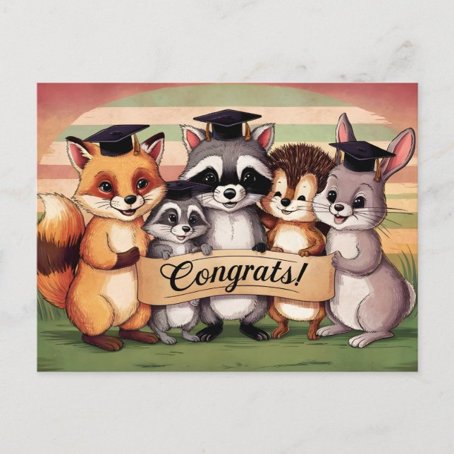 Congrats to graduation cute animals vintage postcard (Front)