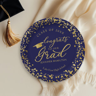 Congrats To Our Grad Gold Blue Graduation Paper Plate