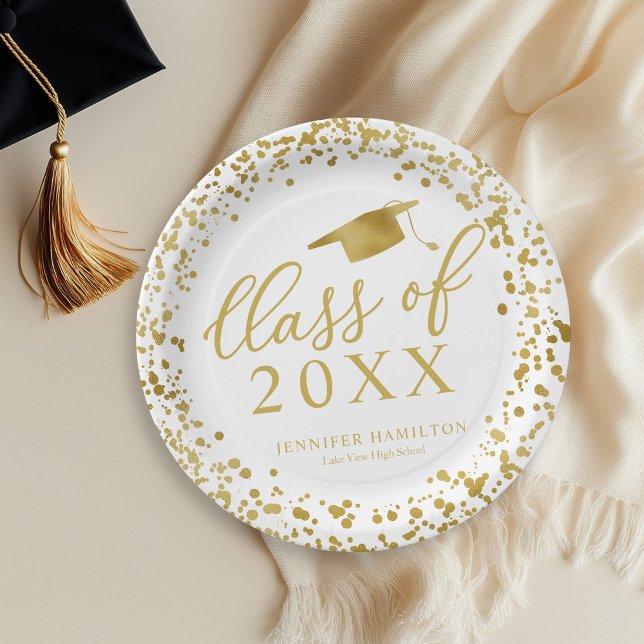 Congrats To Our Grad Gold White Graduation Paper Plate (Creator Uploaded)